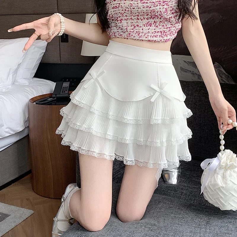 Sexy Puffy Skirt 2024 Summer New High Waist Sweet Lace Pleated Casual Fashion A- Line Skirt