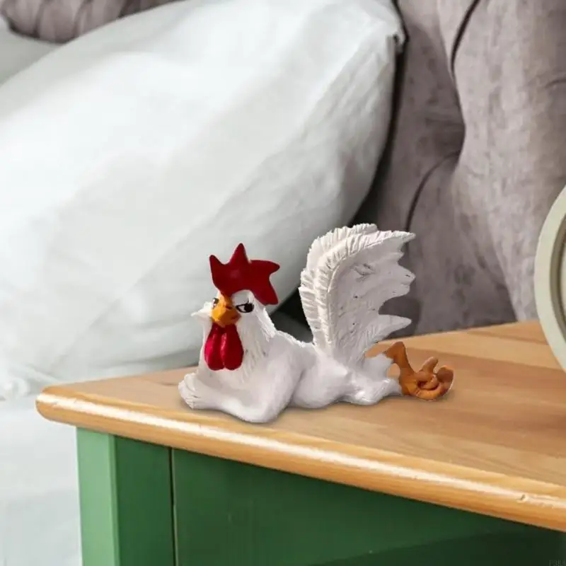   White Chicken Statue Ornament Shatterproof Resin Rooster Sculpture For Table Mantels Bookshelf Windowsill Decoration