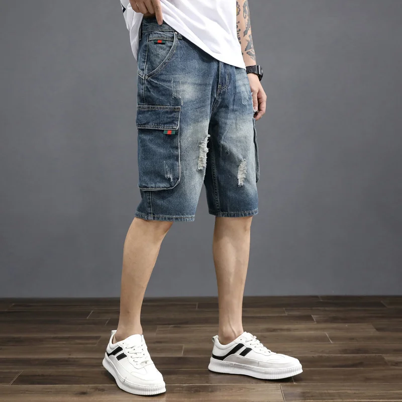 Summer Men Cropped Denim Short Pants Loose Korean Fashion Hole Jeans Shorts