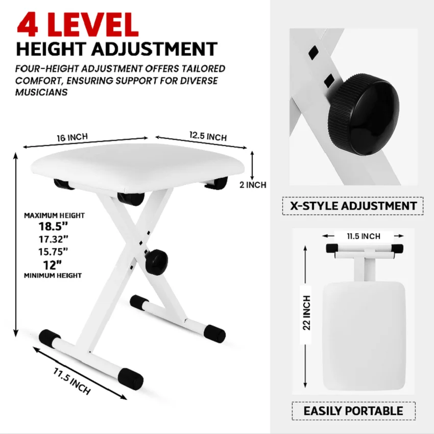 5 CORE Keyboard Bench Pair X Style Piano Stool Thick Padded 12 to 18.5 inch Adjustable Keyboards Chair White KBB02WH