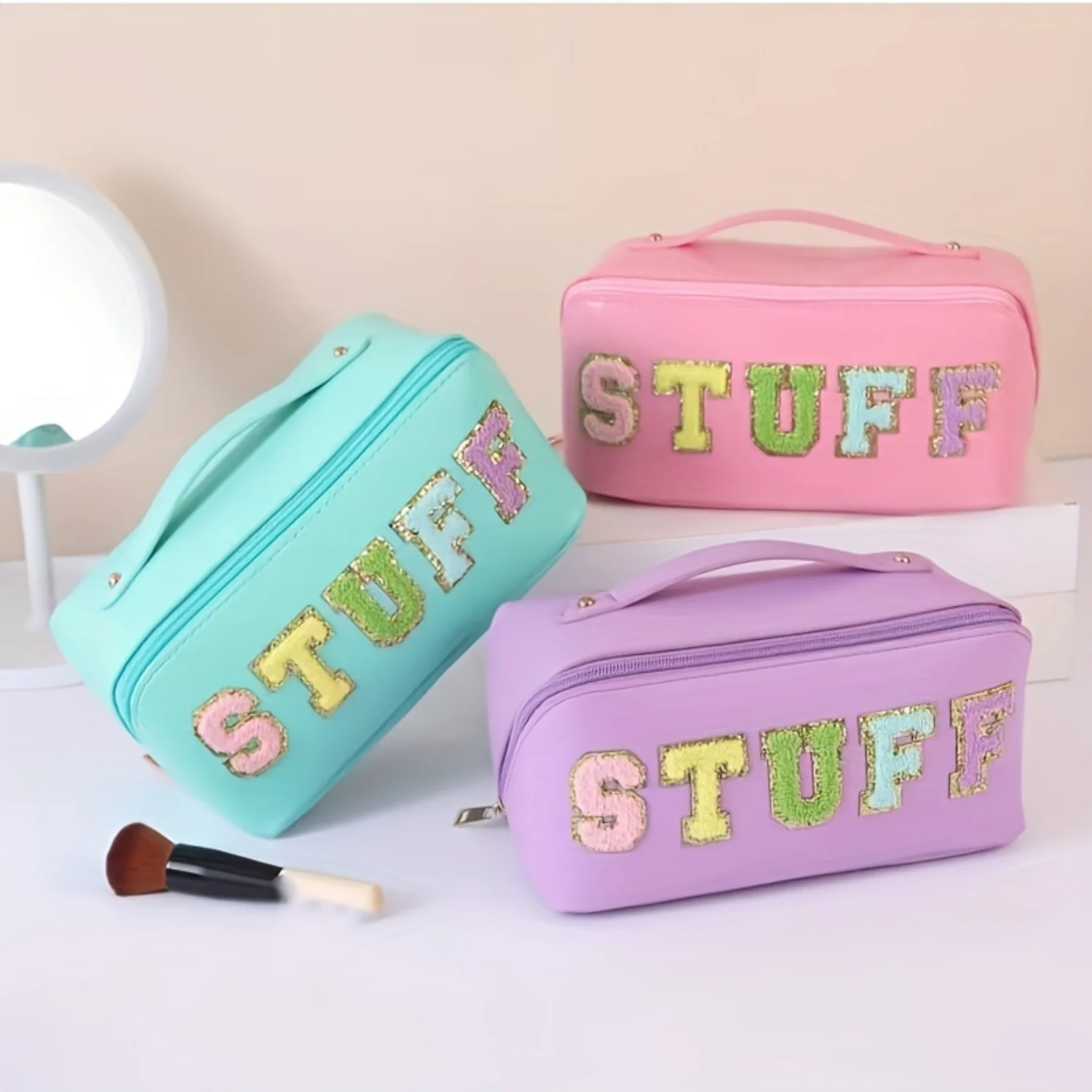 Chenille Letter Patch Comestic Bag, Travel Portable Makeup Pouch, Waterproof Toiletry Bag & Wash Organizer