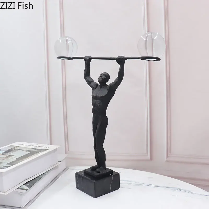 

Weight Lifter Figures Sculpture Cast Iron Crafts European Abstract Character Athlete Statue Desk Decoration Modern Ornaments