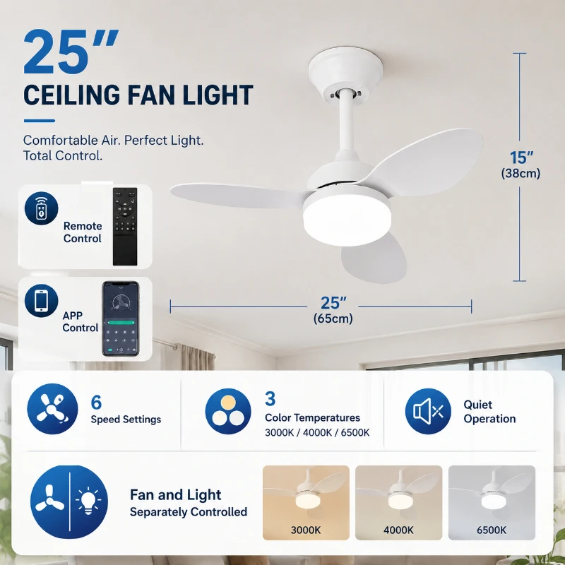 25 Inch Ceiling Fan with Light Remote Control APP Dimmable 3 Color LED Quiet Low Noise Bedroom Dining Room Home LED Ceiling Fan