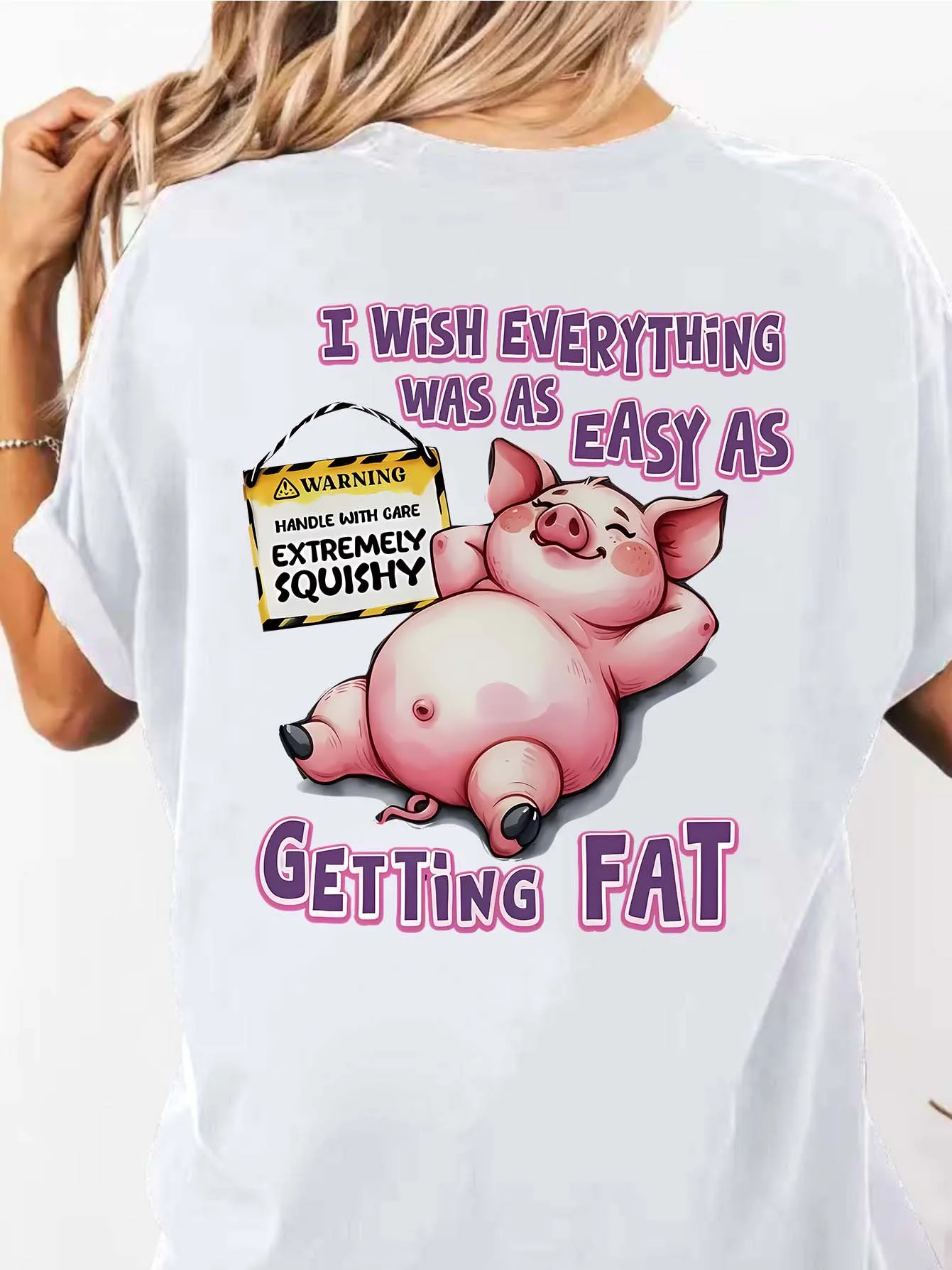 Positive Healing Cartoon Pig Yellow Warning Sign Pattern Printed Women's Fashionable Casual Round Neck Summer T-shirt