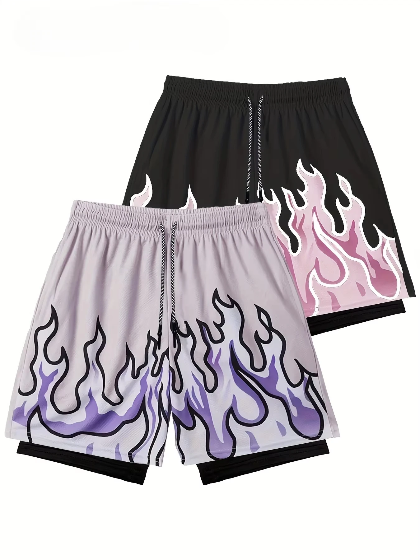 Summer Men's Fashion Sports Outdoor Cartoon Flame Print Drawstring 2-in-1 Shorts Hiking Quick-drying Tennis Running Short Pants