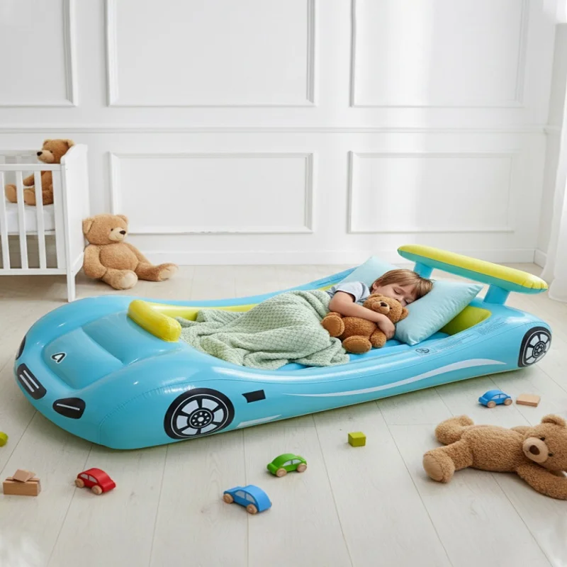 Fun Car Design Children's Inflatable Bed with Side Rails, Portable Children's Travel Inflatable Bed - Durable PVC Material