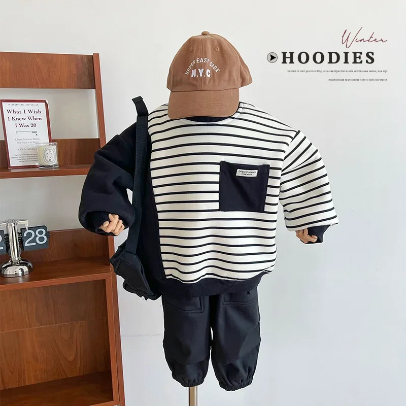 2023 Winter New Children's Clothing Trendy Cool Patchwork Stripes Sweater Boys' Fleece-Lined Thickened Sweater