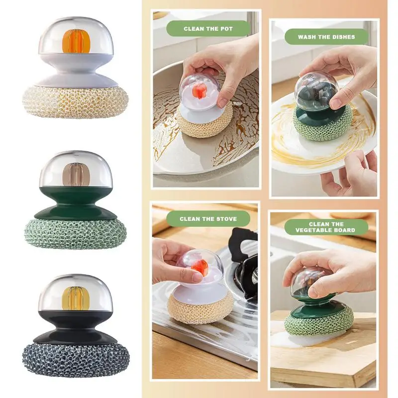 Sabun dağıtım Palm Scrab fırça mutfak yuvarlak tabak süngerleri Scourer temizleme topu kolu ile tel topu sabunluk fırça
