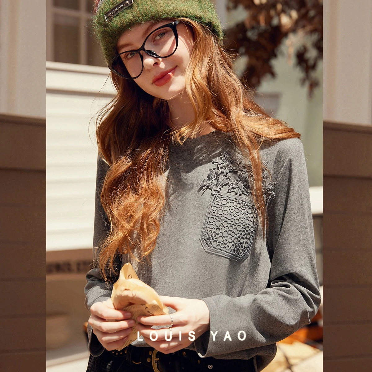 

LOUIS YAO Fashion Lace Pocket Women's Casual Hoodie 2025 Autumn Women's Tops Style Micro Elastic Shoulder Sleeve Hoodies