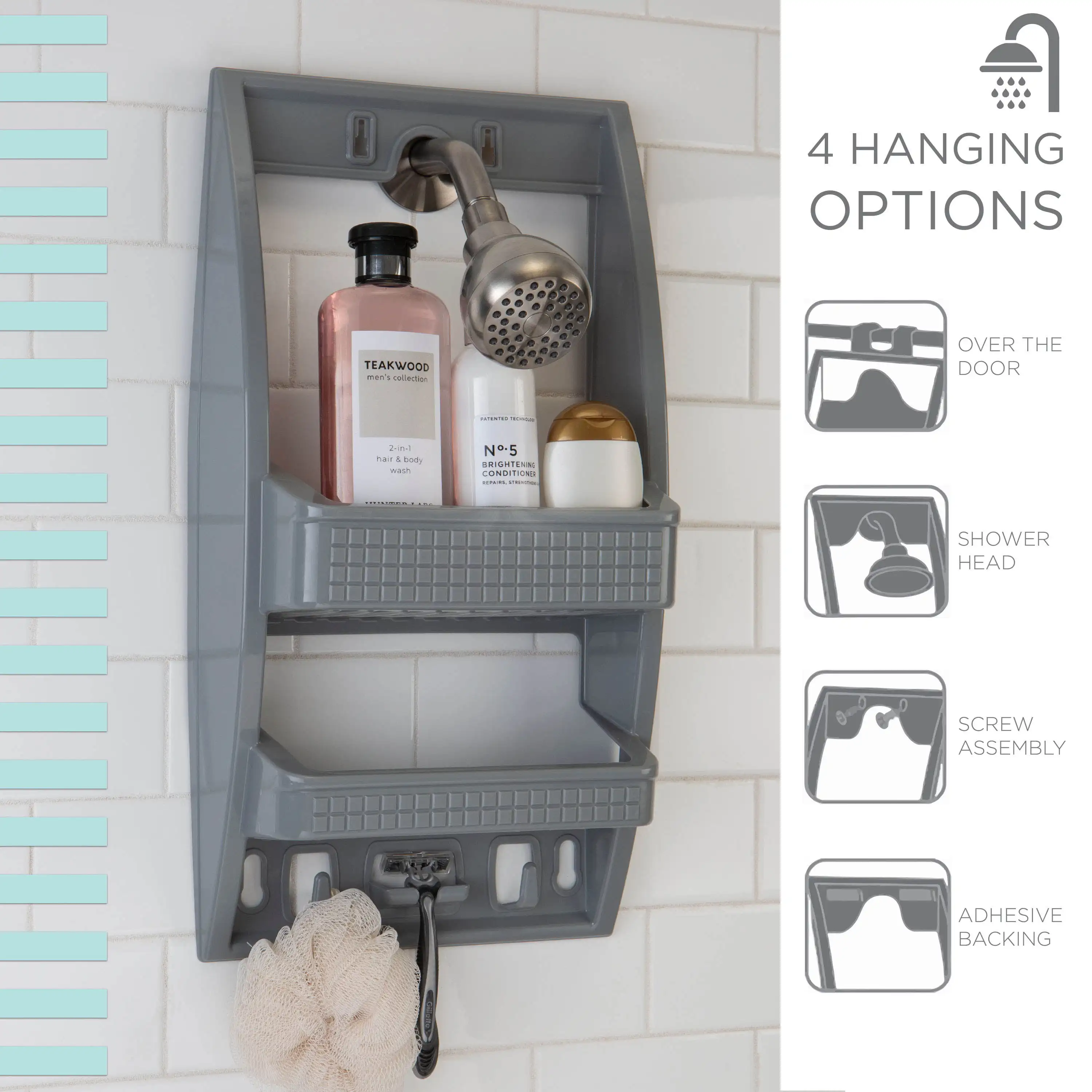 Bath Bliss Multi Hanging Option Plastic Shower Organizer, Gray