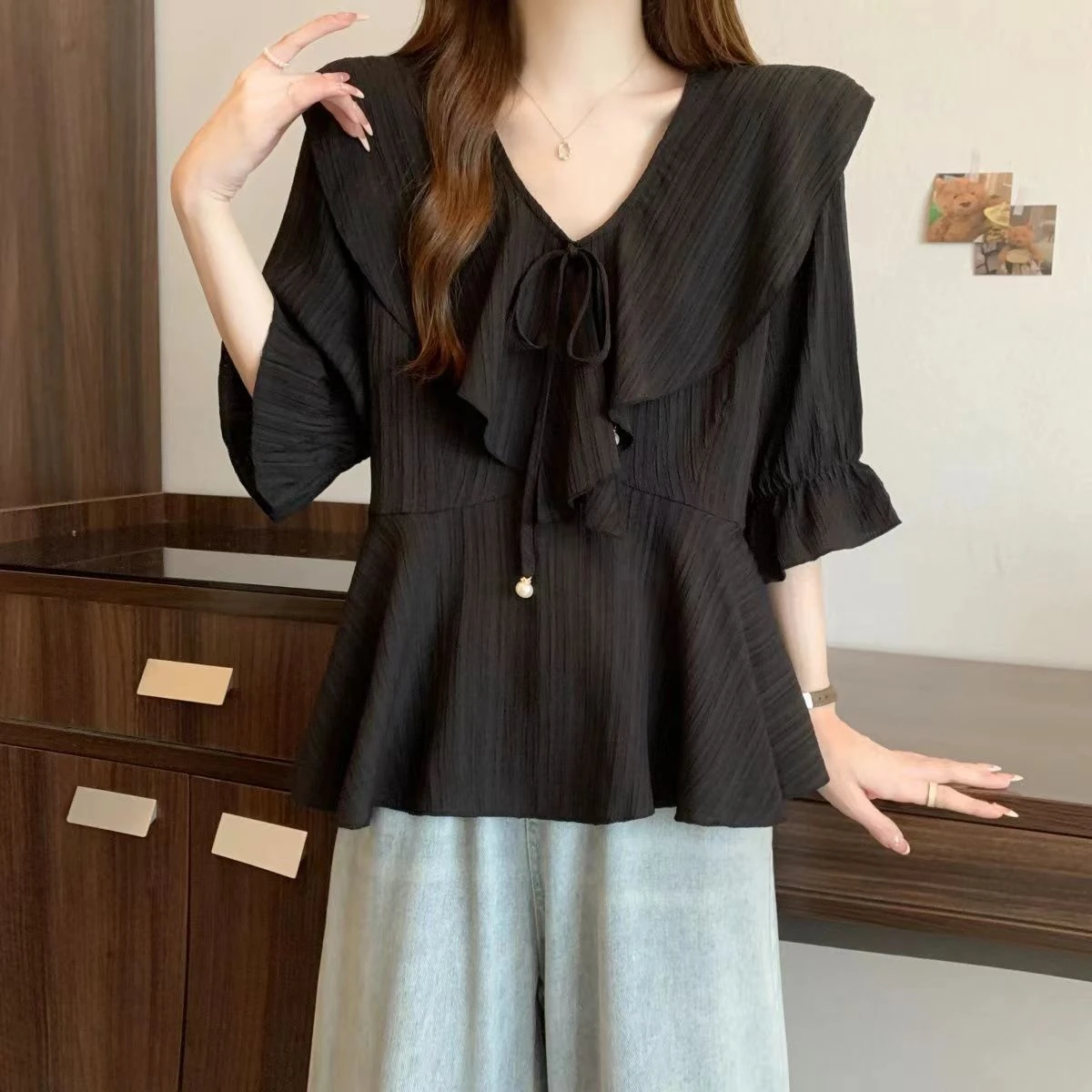 

Women's V-neck Short Sleeve Chiffon Shirt Summer Slimming Top Large Size Design Belly Concealing Lace Hemline Korean Style