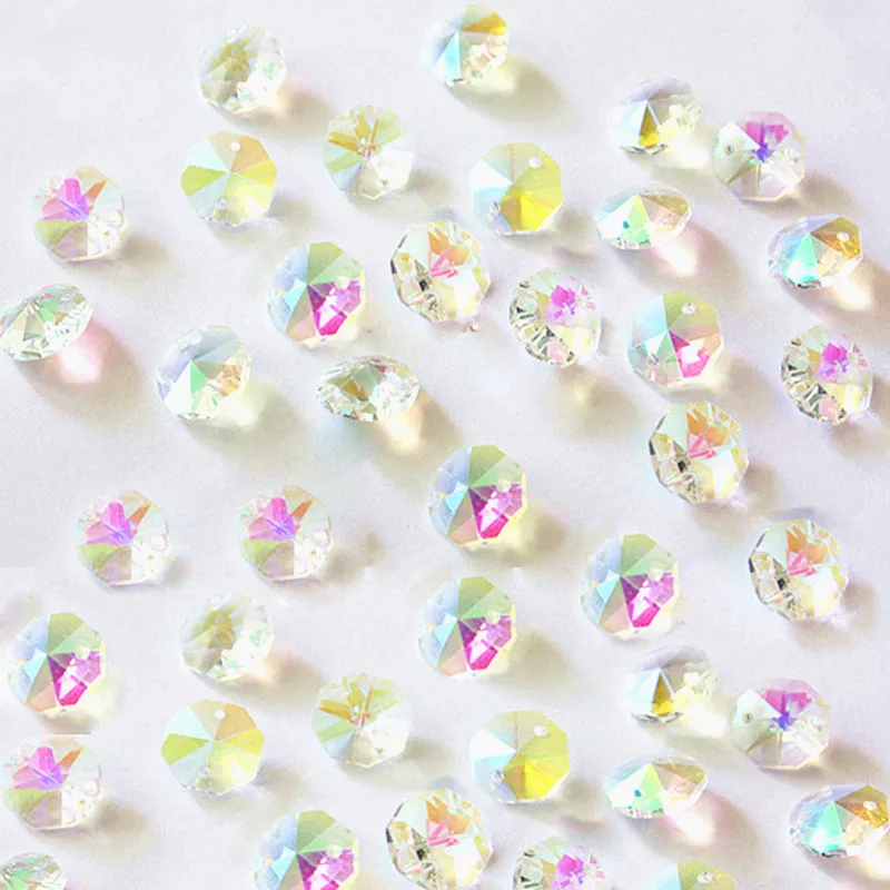 Top Quality 200pcs/lot AB Color 14mm K9 Crystal Octagon Beads in 2Holes For Glass Garland Strands Parts Curtain Beads Wedding