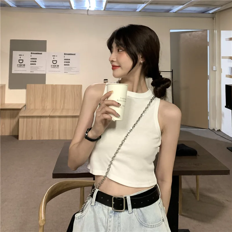 Sleeveless Kpop O-Neck Crop Tops Women Slim Sexy Korean Fashion T-shirts Y2K Vintage Summer Tees Cheap Clothes Woman Tshirts