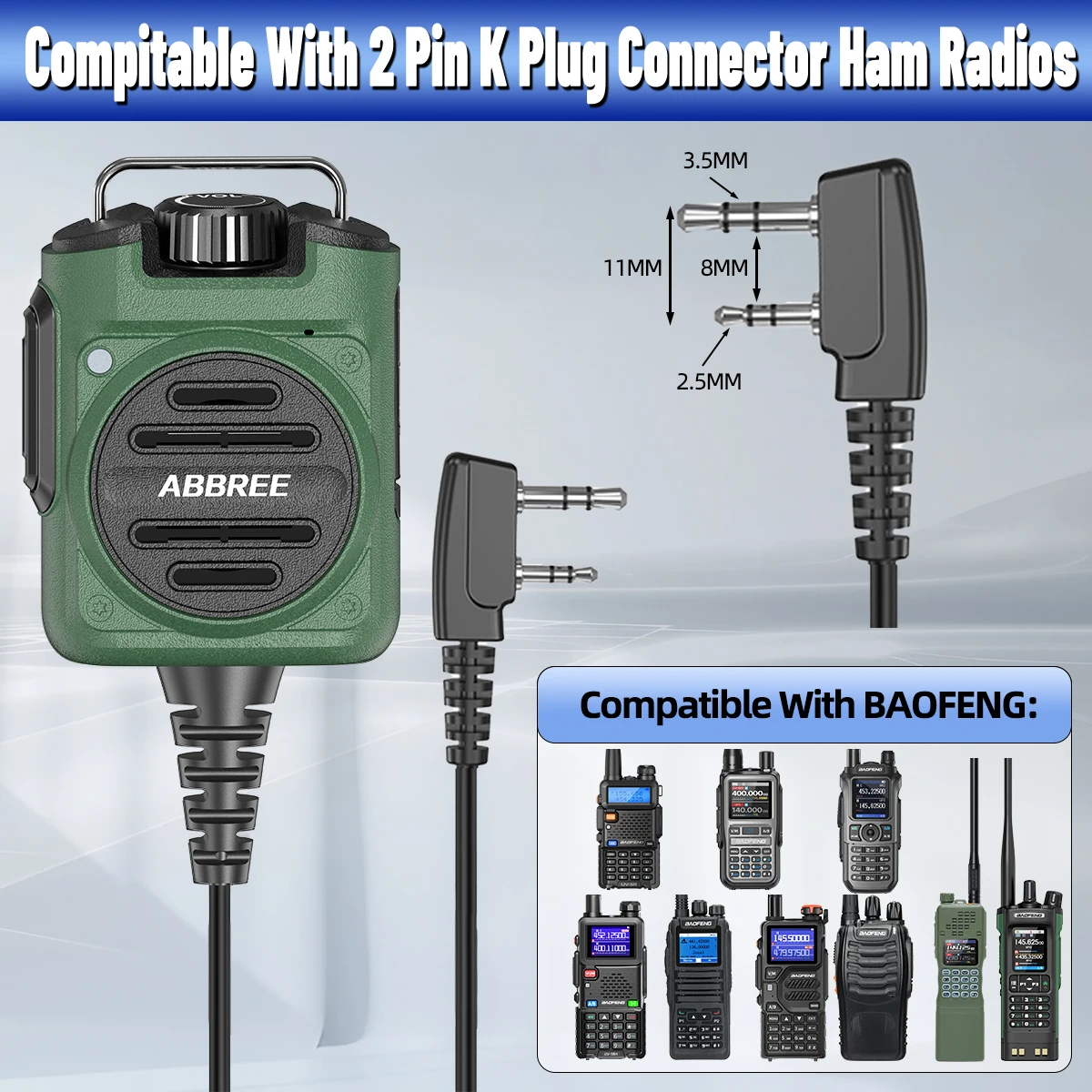 ABBREE AR-158 2Pin Rechargeable Microphone Mic Speaker Volume PTT Tangent For Baofeng UV 5R BF 888S UV 21 PRO Two Way Radio view 5