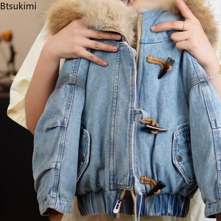 Kids Winter New Thicken Denim Coat Korean Fashion Casual Daily Fleece-lined Plush Hooded Cotton-padded Parkas for Boys and Girls 2