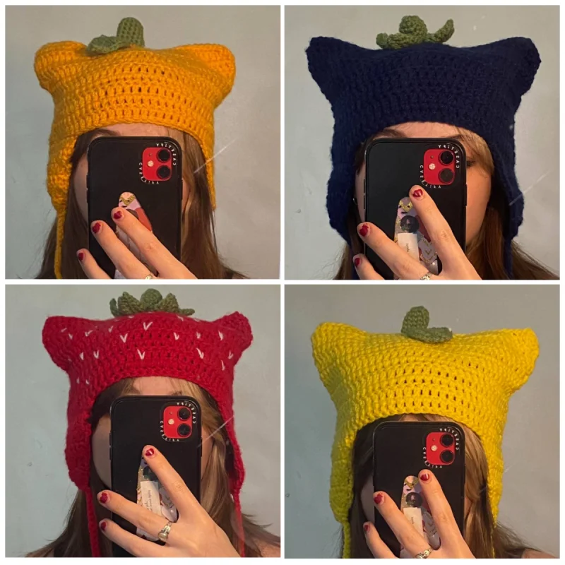 

Y2K Trend Harajuku Beanie Hat Fruit Pendant Beanies Women Knitted Cat Ear Punk Cap Fashion Designer Winter Warmer Bonnet Gorras