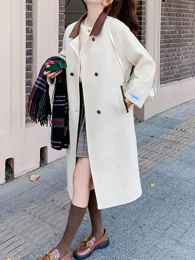 ملابس خارجية كورية أنيقة من الصوف سترات نسائية غير رسمية برقبة على شكل طية صدر مزدوجة سترات خريف وشتاء بأكمام طويلة من مزيج الصوف Chaquetas