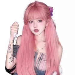 24-inch synthetic pink long straight hair wig air bangs for women heat-resistant Lolita wig cosplay