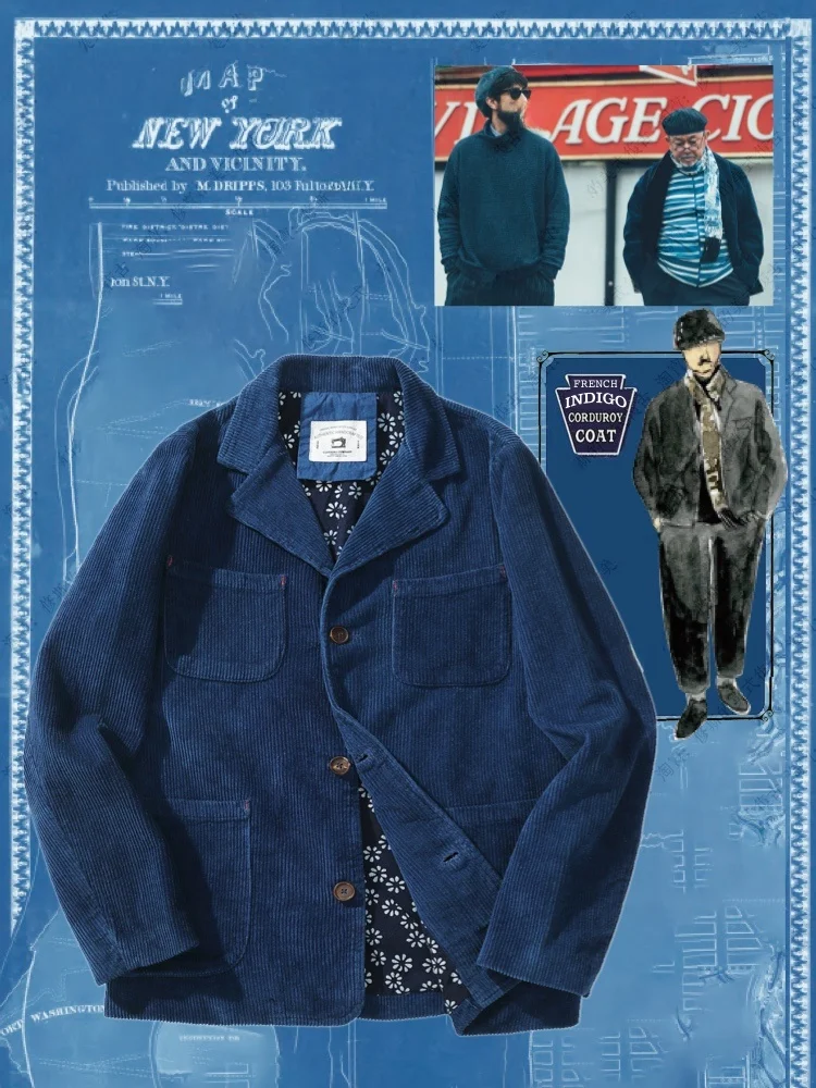 

Осень в Нью-Йорке Сакура Синяя индиго Вельветовая спецодежда Джет Винтаж Four ket Long Sve Stand Fit Молодежная верхняя одежда