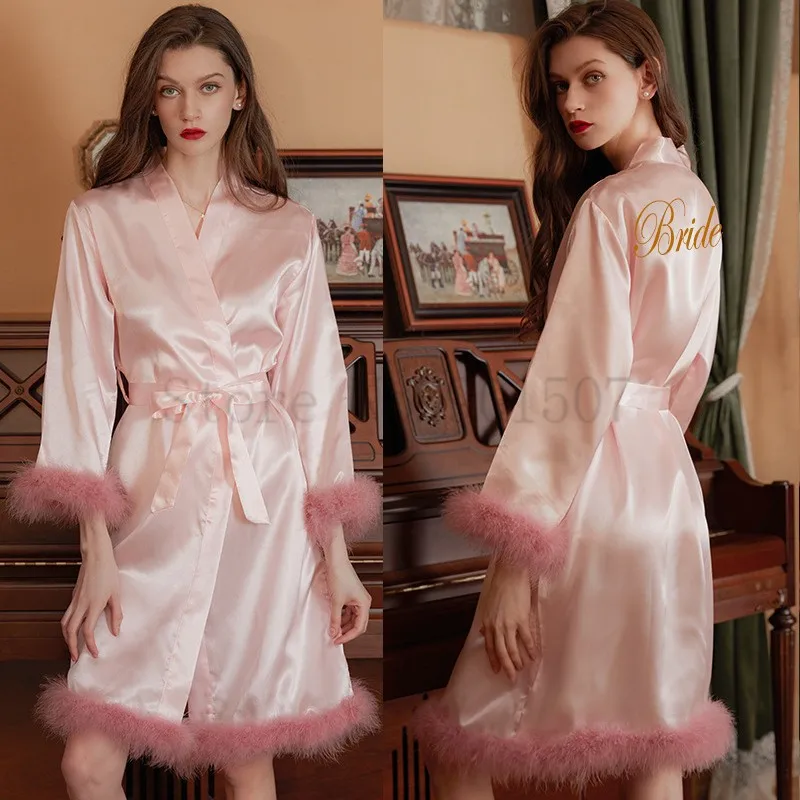 Satin Feather Patchwork Bride Bridesmaid Robe Sexy Kimono Bathrobe Gown Casual Sleepwear Intimate Lingerie Female Nightgown