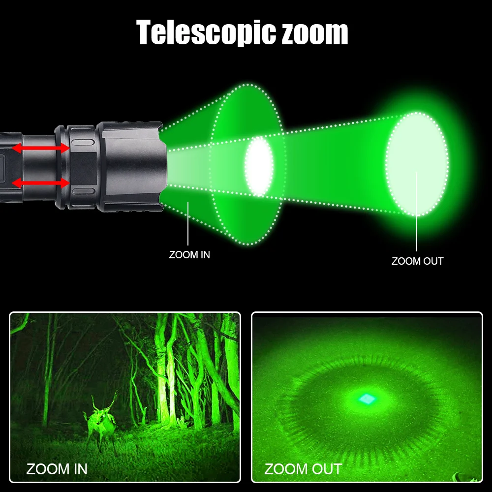 Green Flashlight Professional LED Zoomable Torch for Hunting USB Rechargeable Tactical Night Scout Light+Press Switch+Gun Clip