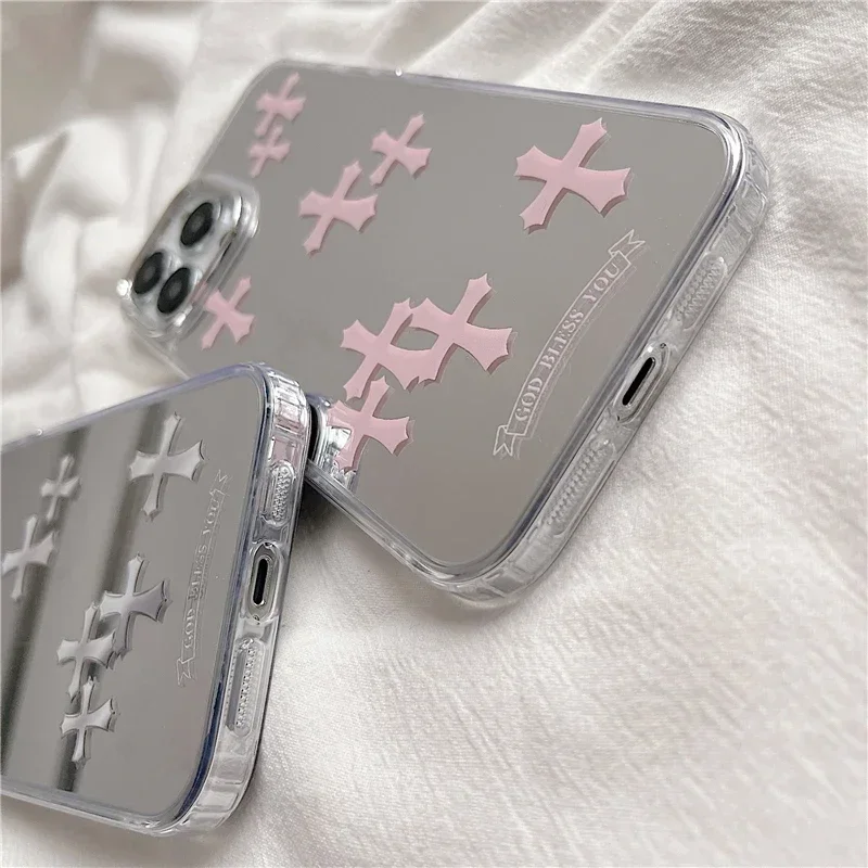 Luxury Makeup Mirror Jesus Christ Cross Phone Case For iPhone 15 13 12 11 14 Pro Max X XR XS XSMax For Lovers Hard Back Cover