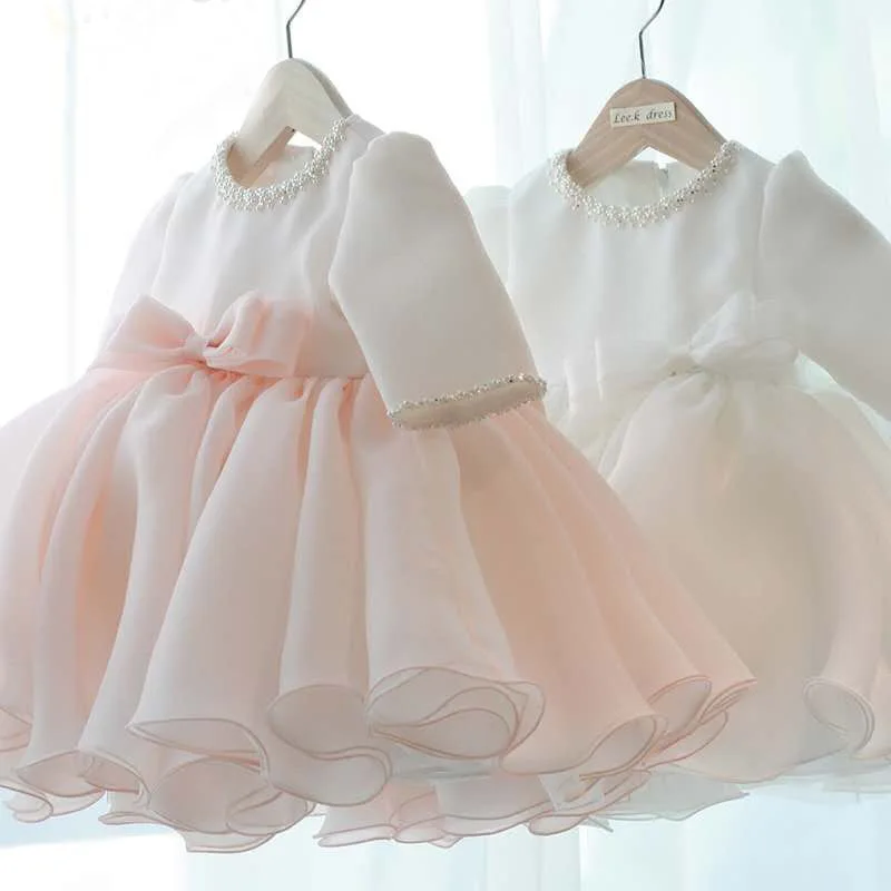 Kids Princess Satin Bow Pearls Flower Girl Dress Children First Communion Dress Ball Gown Wedding Party Dress Birthday Show