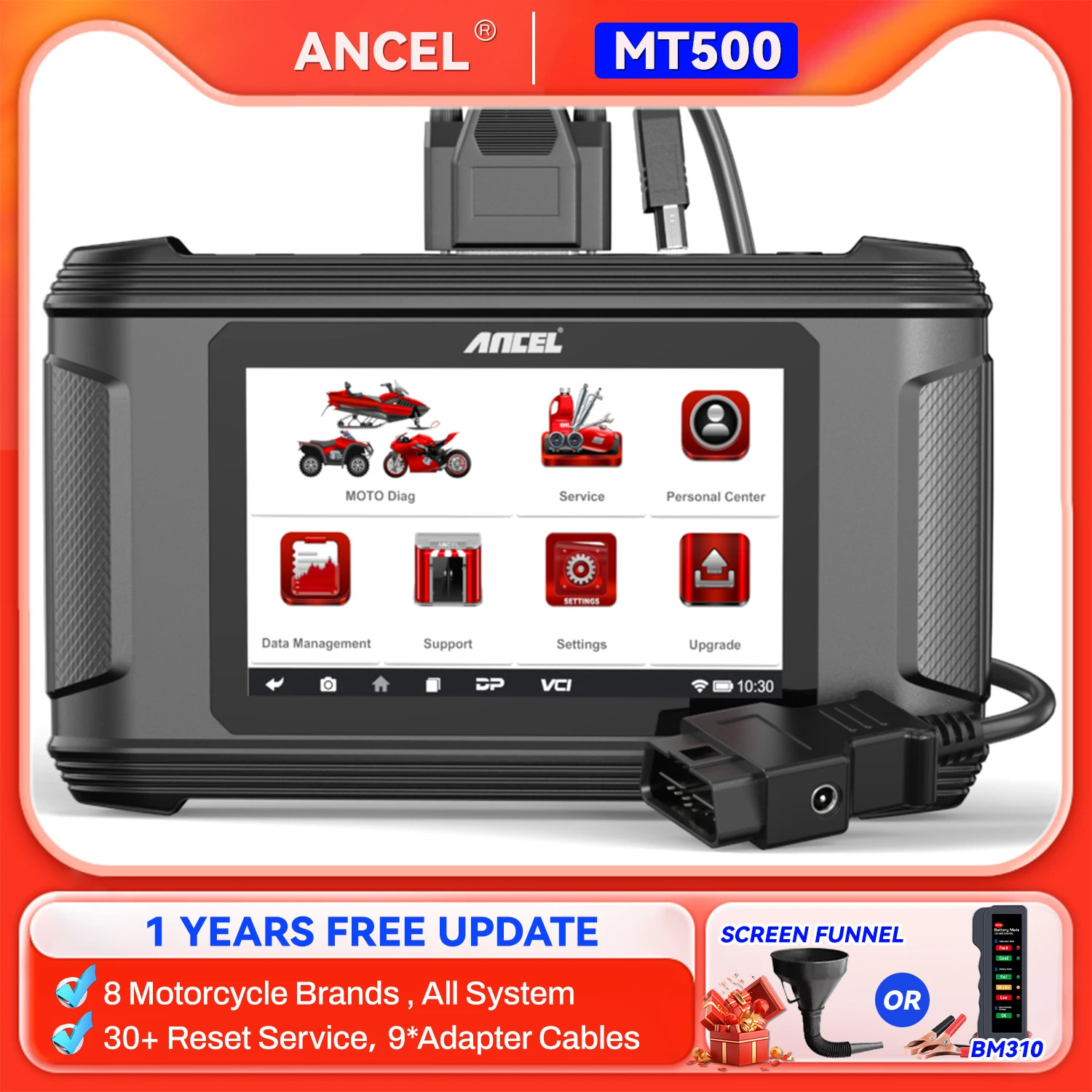 

ANCEL MT500 OBD2 Scanner Full System Motorcycle Detector Scanner Code Reader Light Coding Reset Idle Adjustment Diagnostic Tool