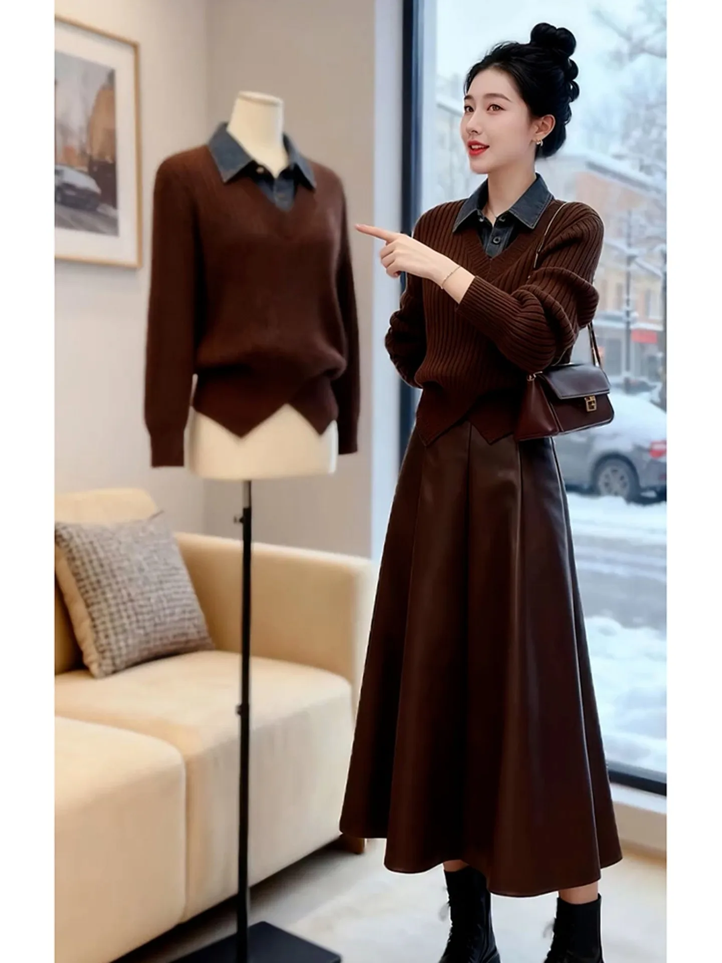 

Faionable Knitted Sweater And Skirt Two-Piece Set Women's Sle Spring Season Versatile Slimming A-Line Skirt Ensemble