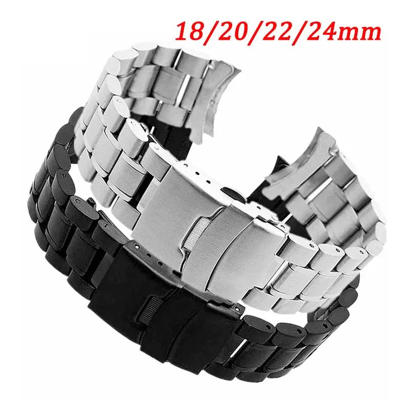 18mm 20mm 22mm 24mm Watchband Universal Curved End Stainless Steel Wristband Safety Folding Buckle High qaulity Straps With Tool