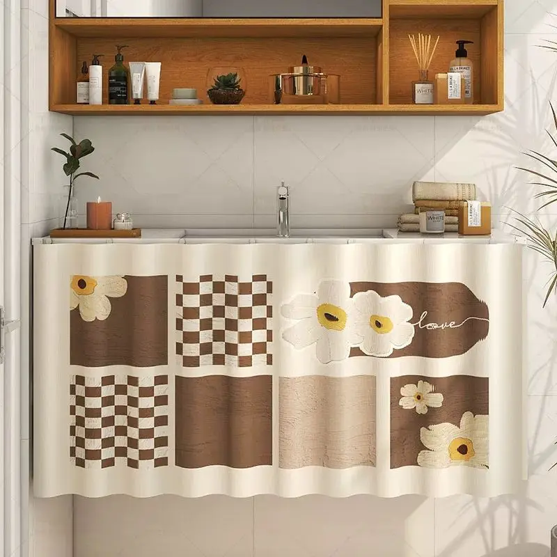 VIKAMA Botanical White Waves Bathroom Cabinet Curtain for Vanity Sink Cover Skirt Dust Proof Aesthetic Elegant Home Decor