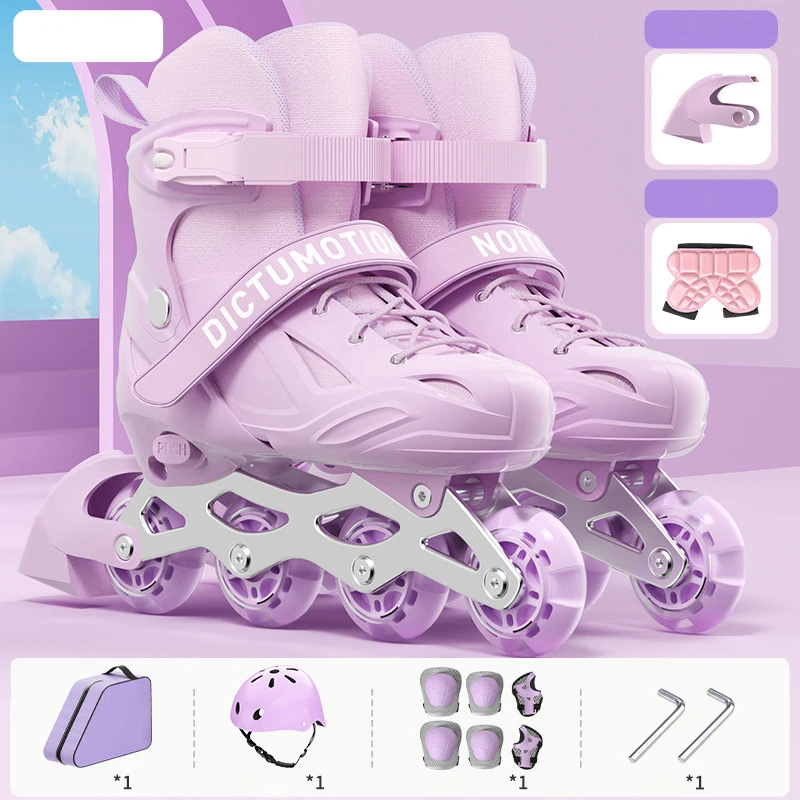 Roller Skates Shoes for Kids, Sliding Adjustable Inline Skating Sneakers, 4 Flash Wheels, Single Row Skates, Boys and Girls