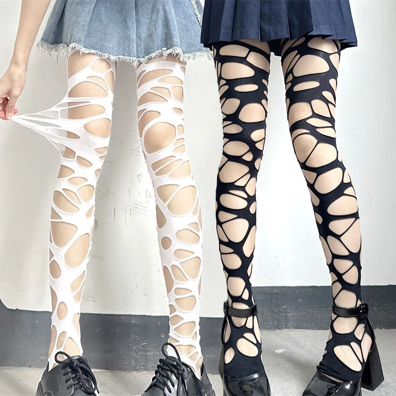 Gothic Hollow Out Tight Sexy  Black White Ripped Fishnet Stockings Punk Wind Y2k Black Mesh Soft Tights High Hosiery