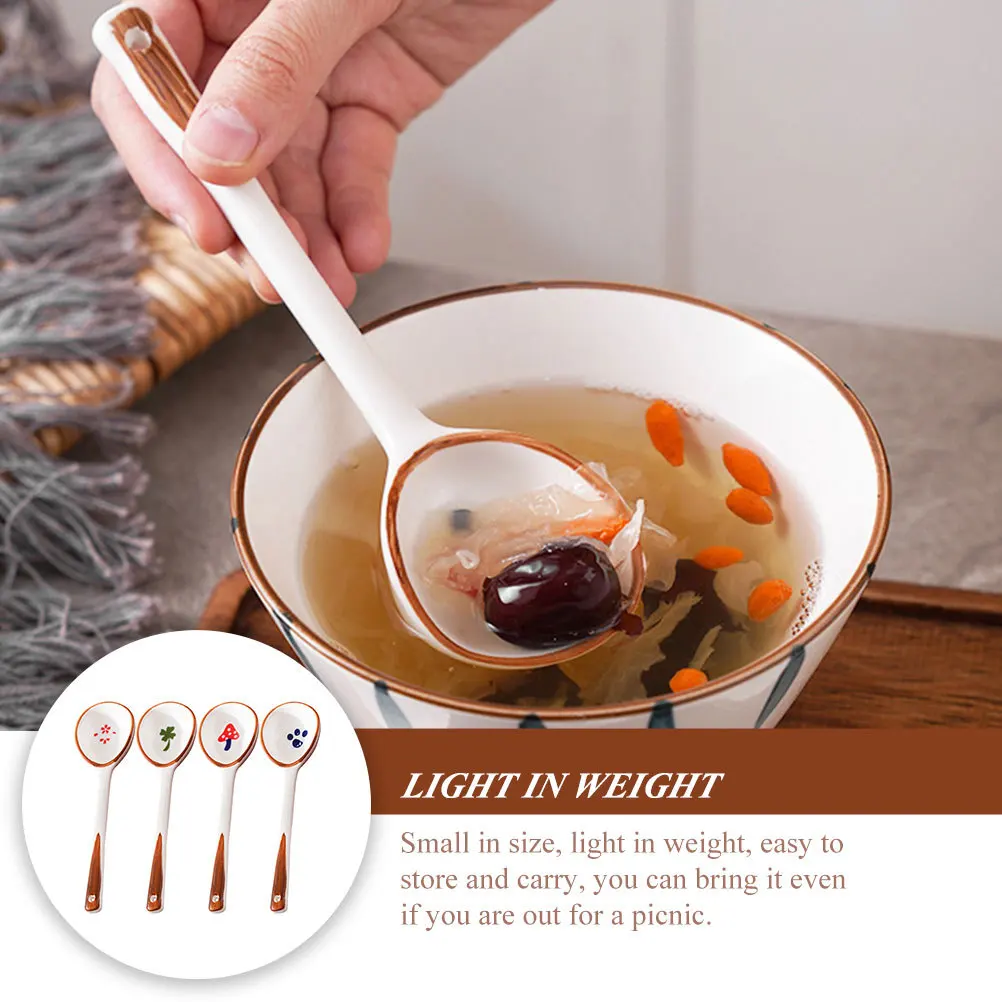 

4Pcs Kids Hand-Painted Soup Spoons Ceramic Long Handle Reusable Safe Smooth Surface Spoons for Dinnerware Soup Porridge