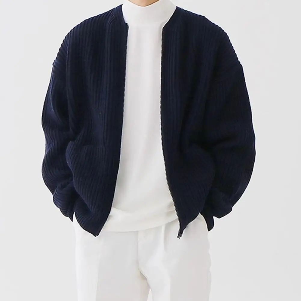 Knit Cardigan Men's Collarless Knitted Cardigan Coat with Zipper Placket Pockets Autumn Winter Solid Color Outwear for Male