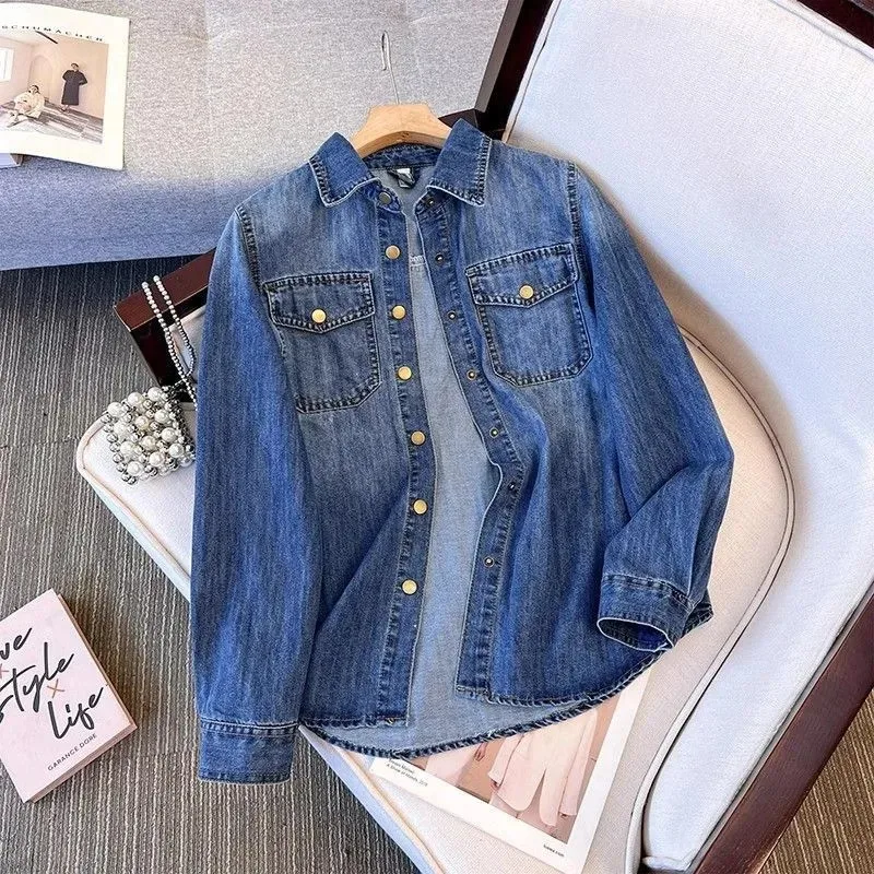 New Women's Cowboy Shirt Spring Autumn Casual Elegant Loose Ladies Denim BlouseRetro Korean Version Lady Outerwear