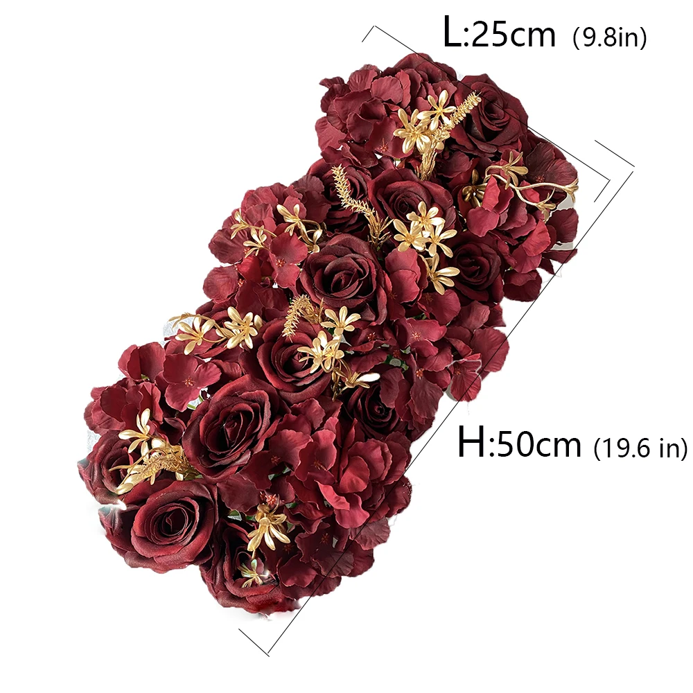 50CM Wedding Arch Flower Backdrop Wall Arrangement Silk Peonies Burgundy Rose Golden Leaf Table Center Decoration Flowers Row