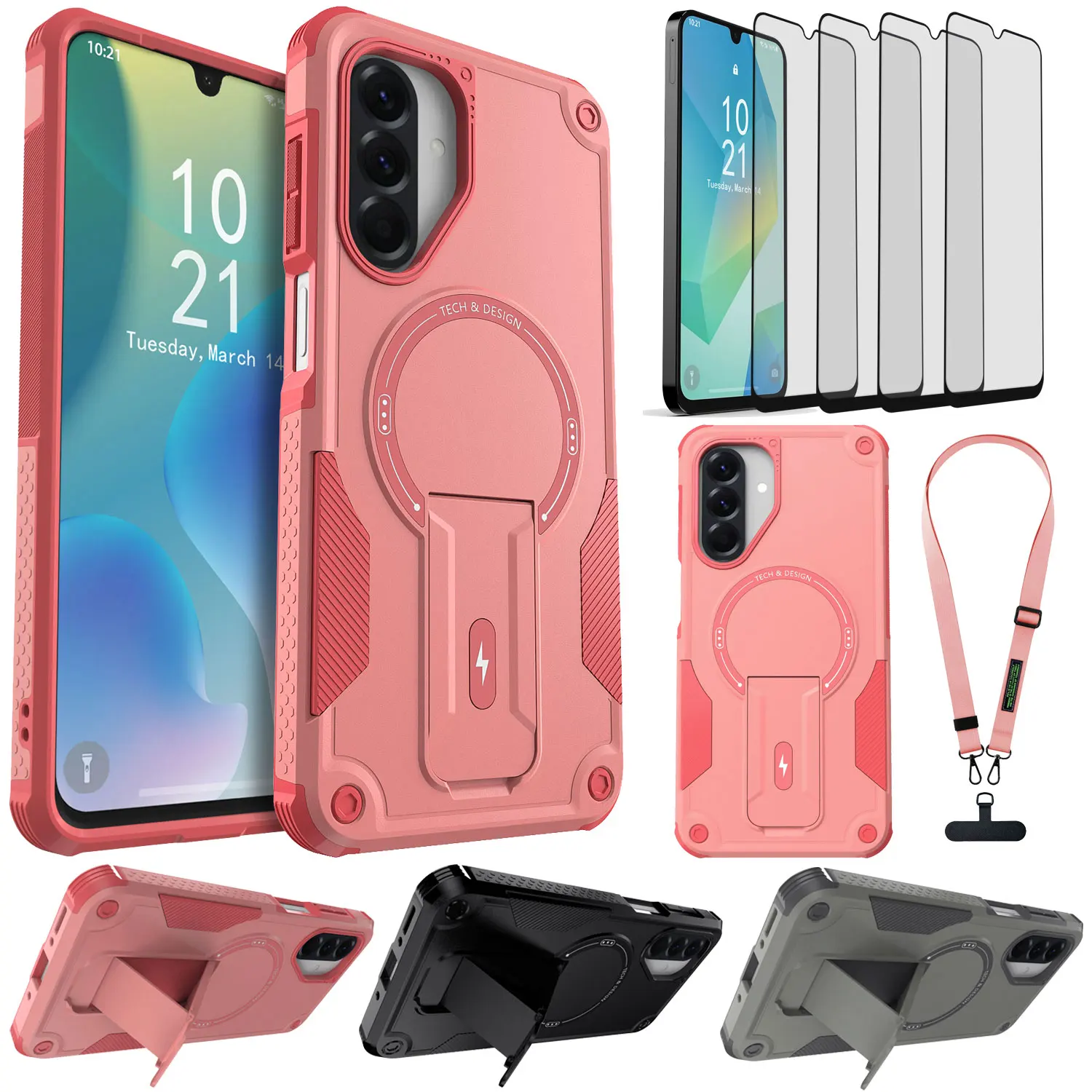 

Для Samsung Galaxy A26 магнитный противоударный чехол-подставка-держатель + цепочка для телефона + 4 шт. прозрачное закаленное стекло для защиты экрана