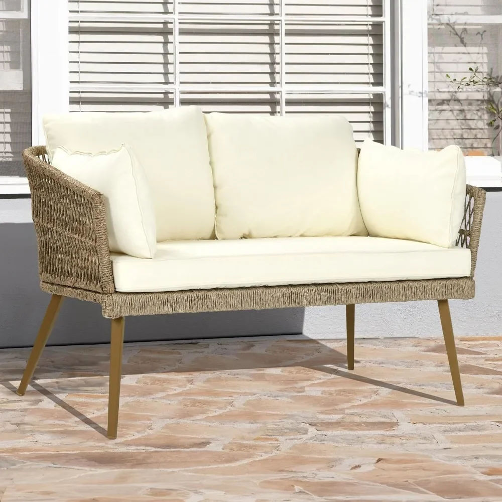 All-Weather Rattan Sofá com Almofadas e Almofadas Lombares, Pátio Loveseat, Mobiliário ao ar livre Conjunto para Varanda, 2 lugares