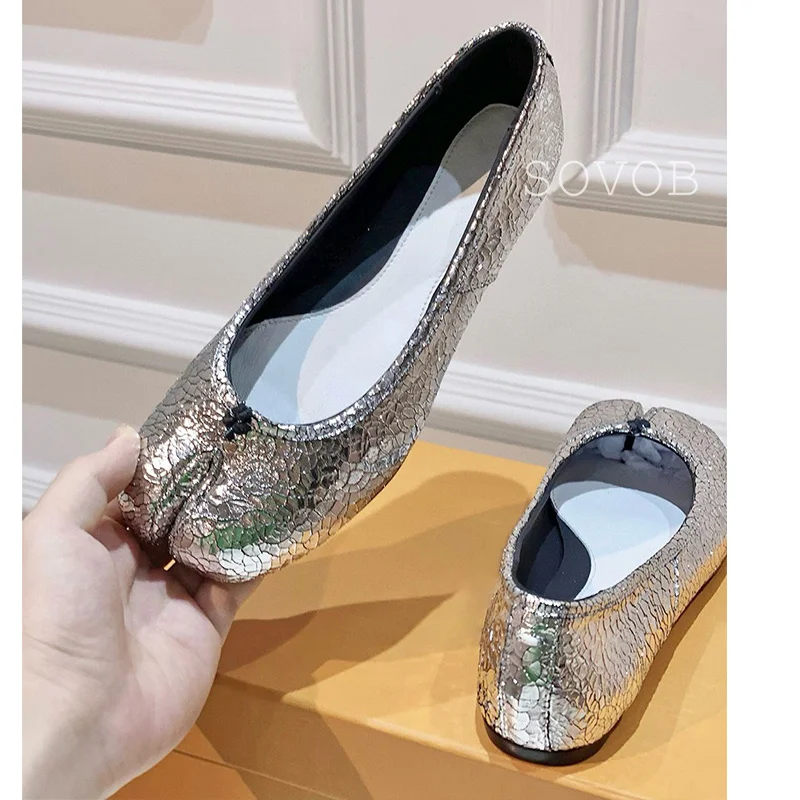 New Spring Summer Genuine Leather Split Toe Ballet Shoes Women Retro Shallow Mouth Flat Shoes Daily Casual Lazy Loafers 2024