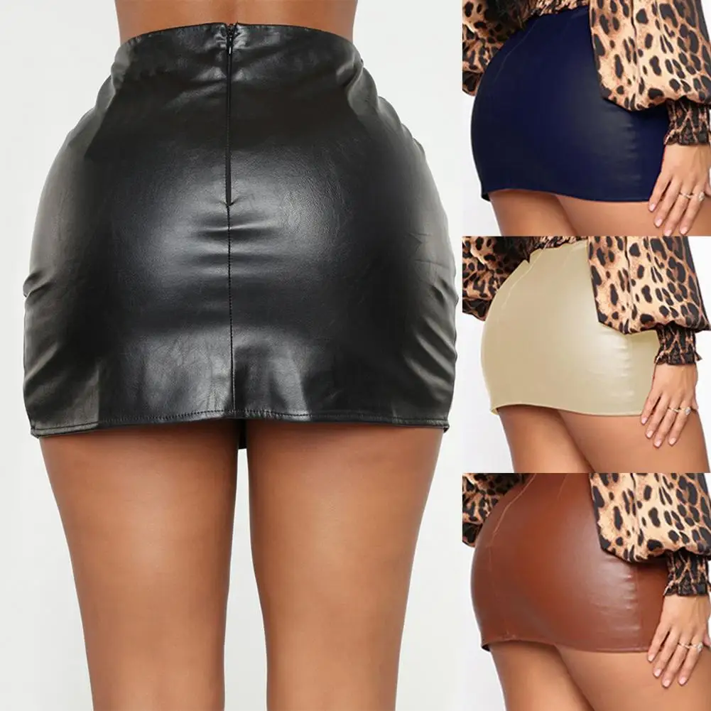 Women Leather Night Clubwear Skirts Summer Pure Color PU-leather Zipper Sexy Hip Leather MIni Skirts Faldas Mujer Moda 2022