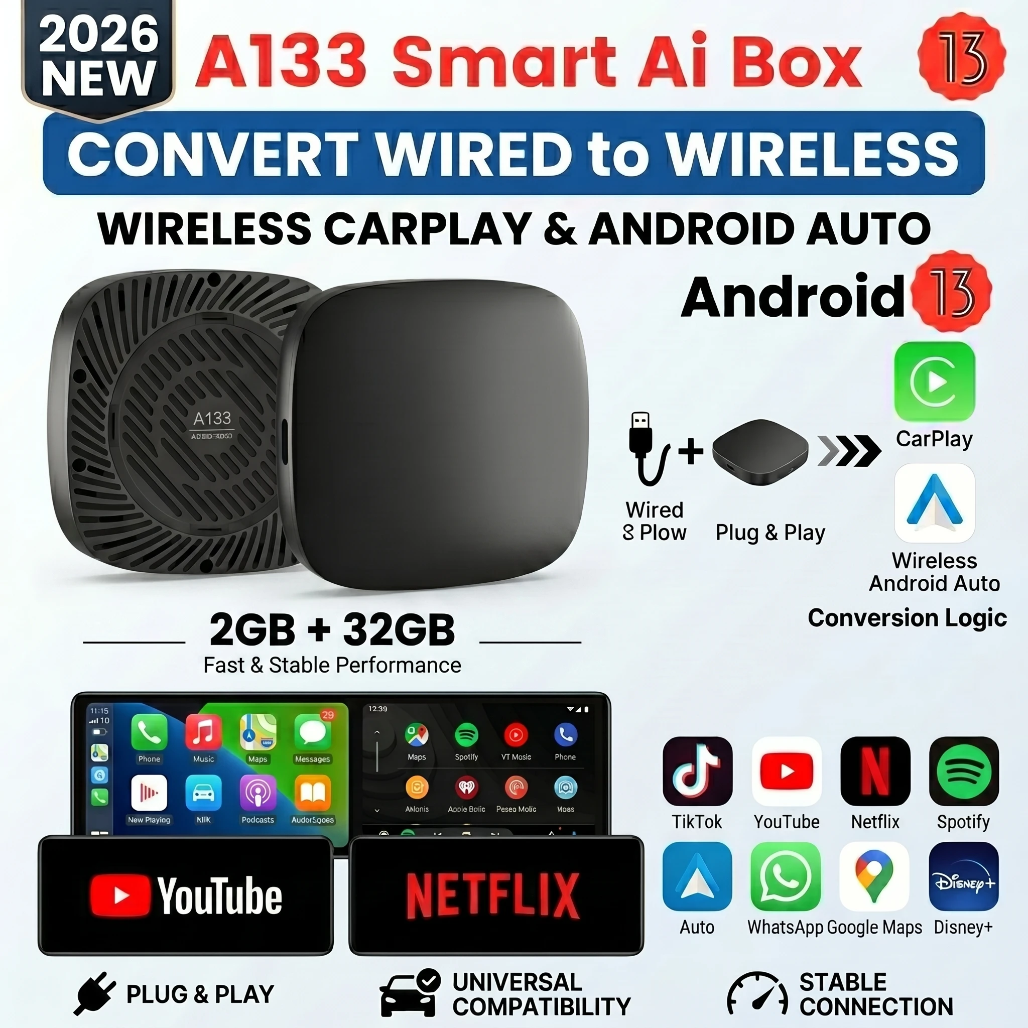 2026 Kowankit Android13 CarPlay Ai Box Wireless Android Auto 3 in 1 USB Adapter Plug & Play For Youtube Netflix Universal TV Box