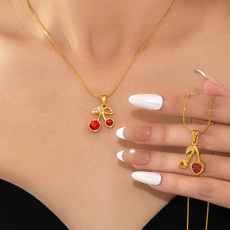ANENJERY 316L Edelstahl-Kirschenherz-Zirkon-Anhänger-Halskette für Damen, zarter, süßer Schmuck für den Sommerurlaub, Geschenkidee