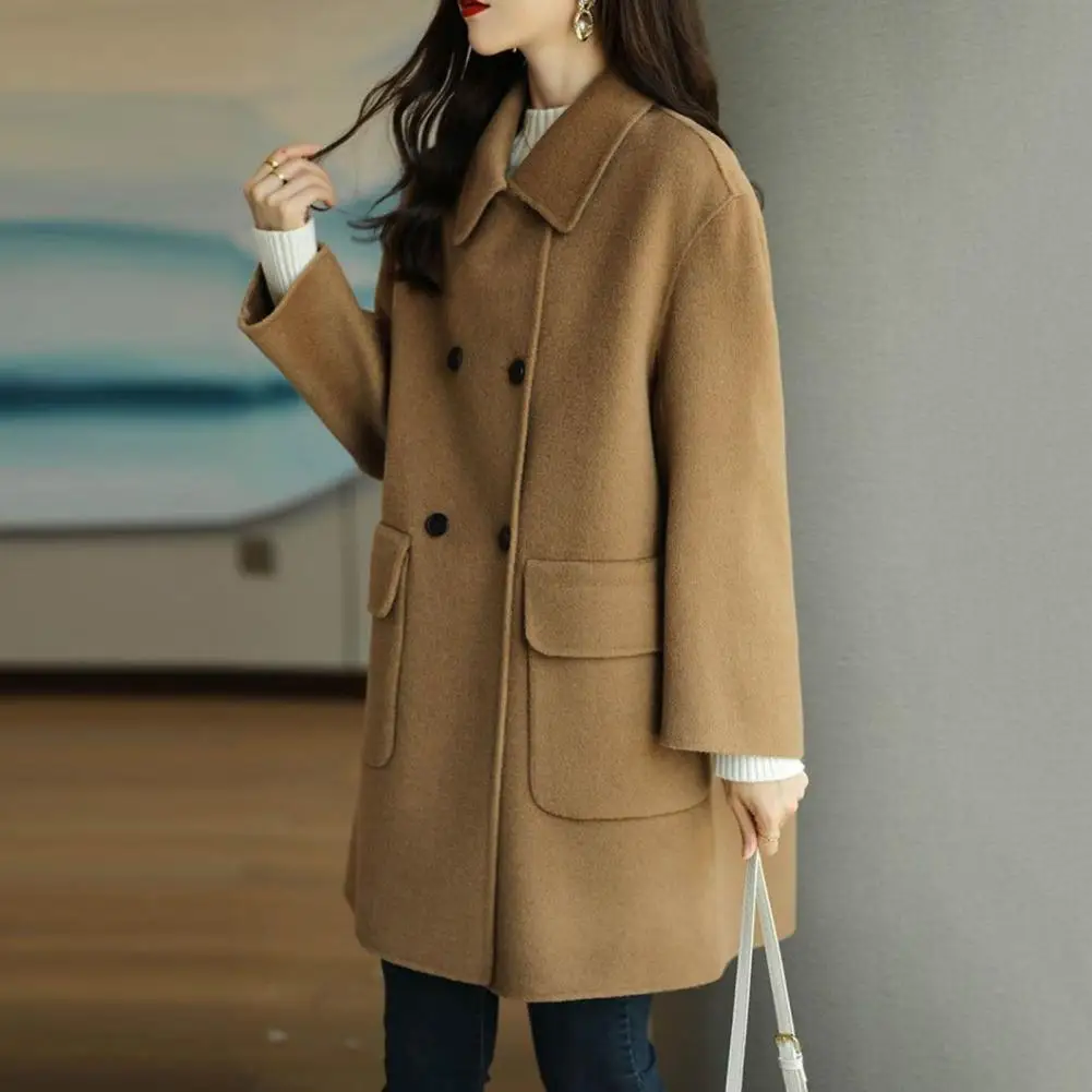 Women Mid-length Wool Coat Solid Color Double Breasted Woolen Coat Flap Pockets Woolen Coat Lapel Thickened Overcoat Outwear