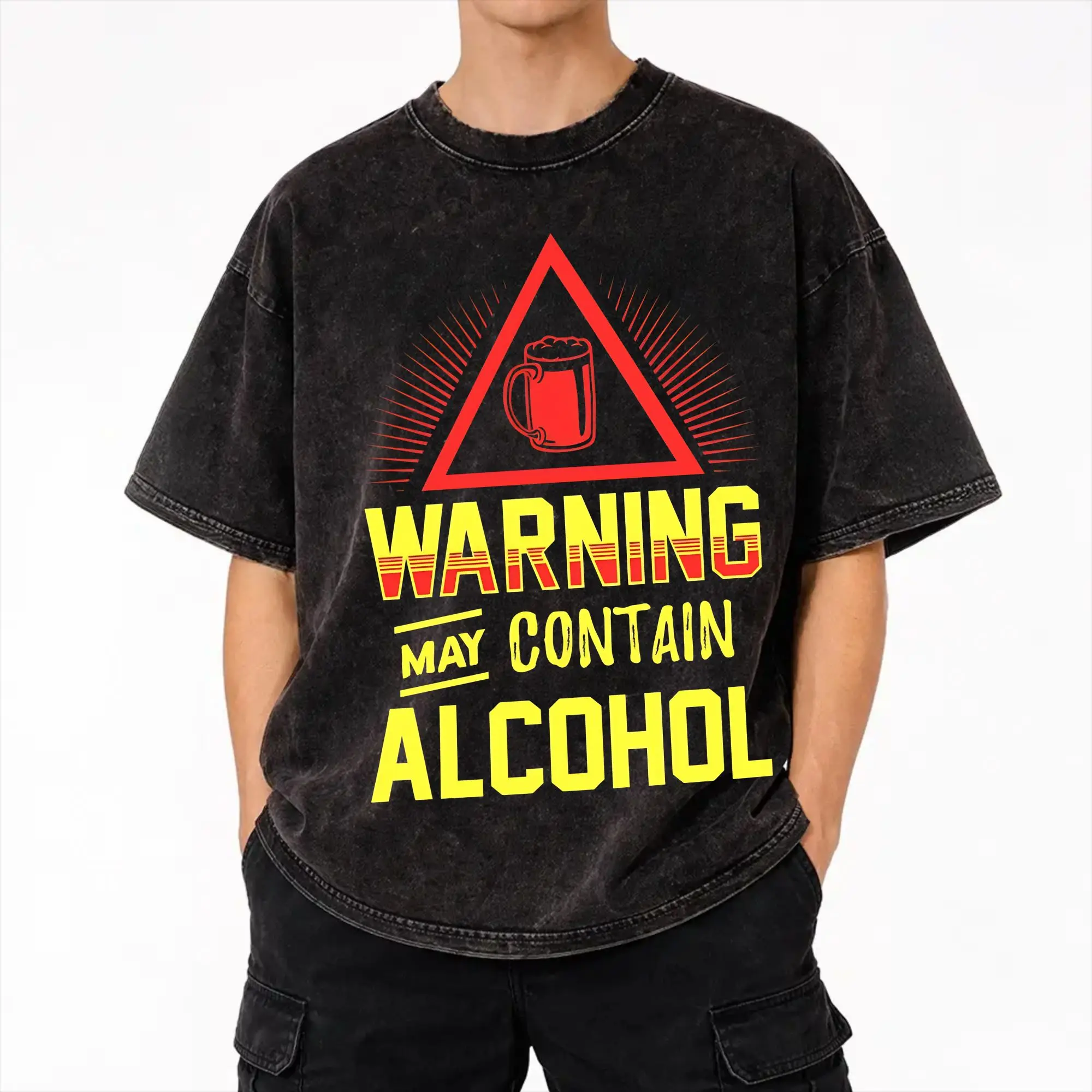 Harajuku Washed Shirts BEER GIFT- Warning May Contain Alcohol  Outfit Vintage T-Shirts Oversize  Streetwear 100% Cotton