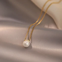 New Korean Fashion Simple Titanium Steel Imitation Pearl Pendant Necklace Women's Gift Banquet Jewelry Necklace 2025
