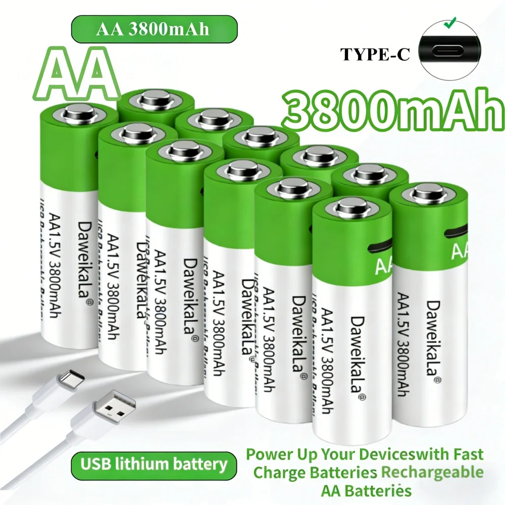 

3800mAh AA 1.5V USB Rechargeable Lithium Battery with Type-C Cord for Remote Controls & Electronic Toys