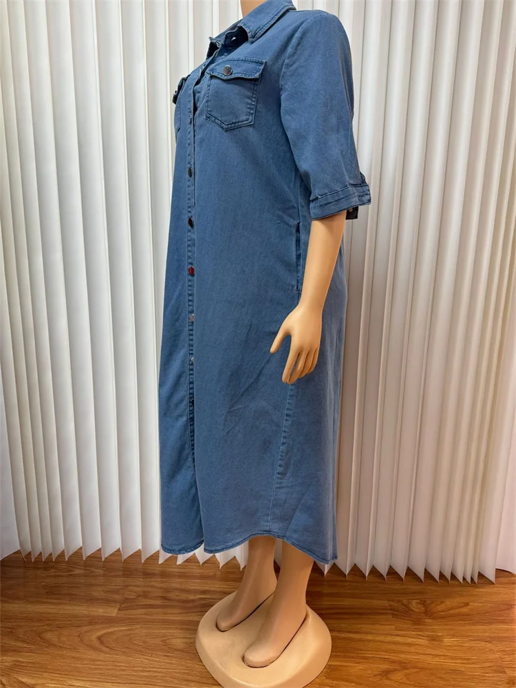 Wmstar Denim Lange Jurken voor Vrouwen 2025, Elegante Half Mouw Losse Casual Knop Maxi Jurken Groothandel Dropshipping Nieuwe Stijl