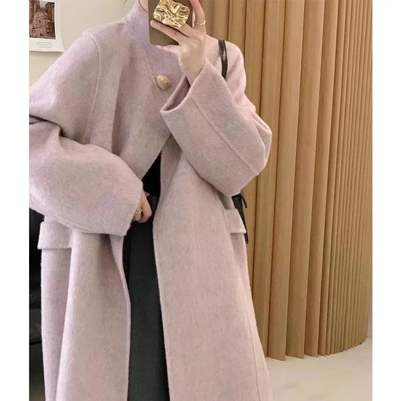 

Winter Autumn Double Sided Cashmere Wool Coat Women Mid Length Long Trench Jacket Stand Up Collar Thick Oversize Woolen Coat