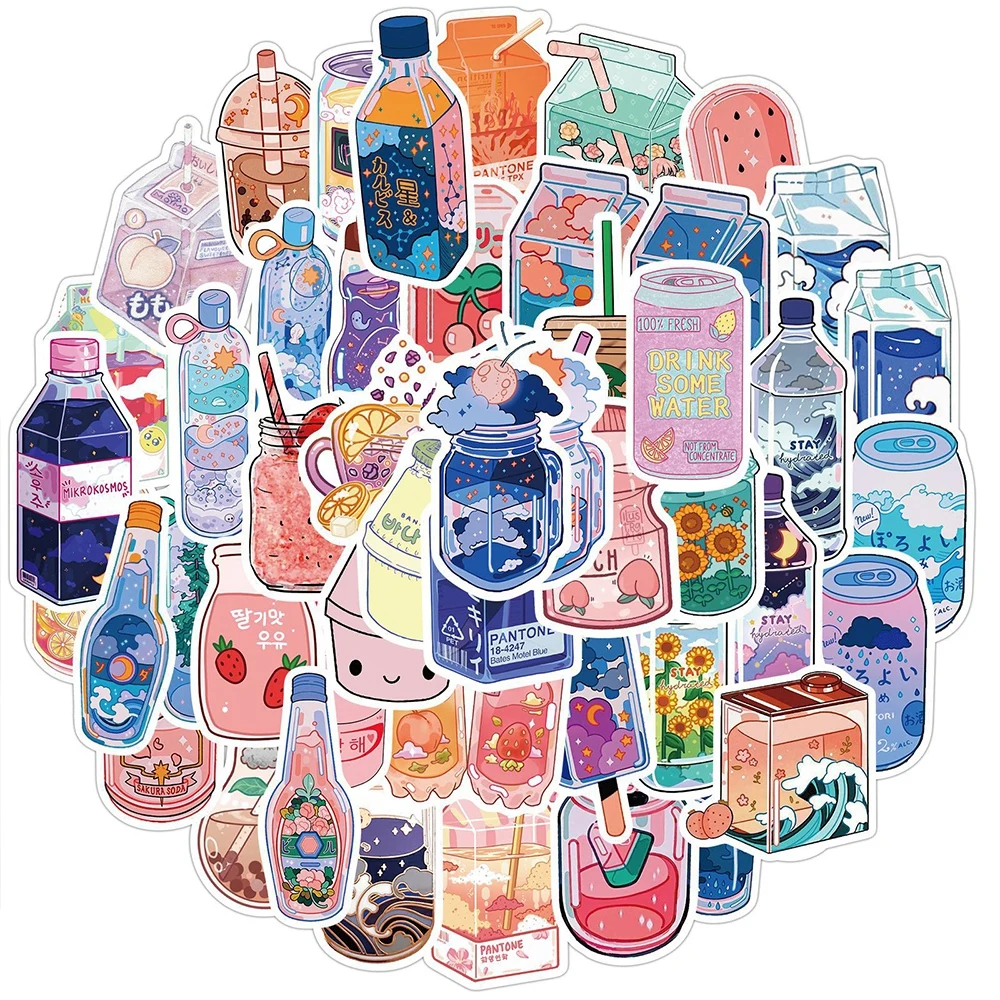 50PCS Mixed Cartoon Drinks Stickers Aesthetic Creative Anime Beverage Sticker Decal Autocollant Laptop Kawaii Manga Kpop